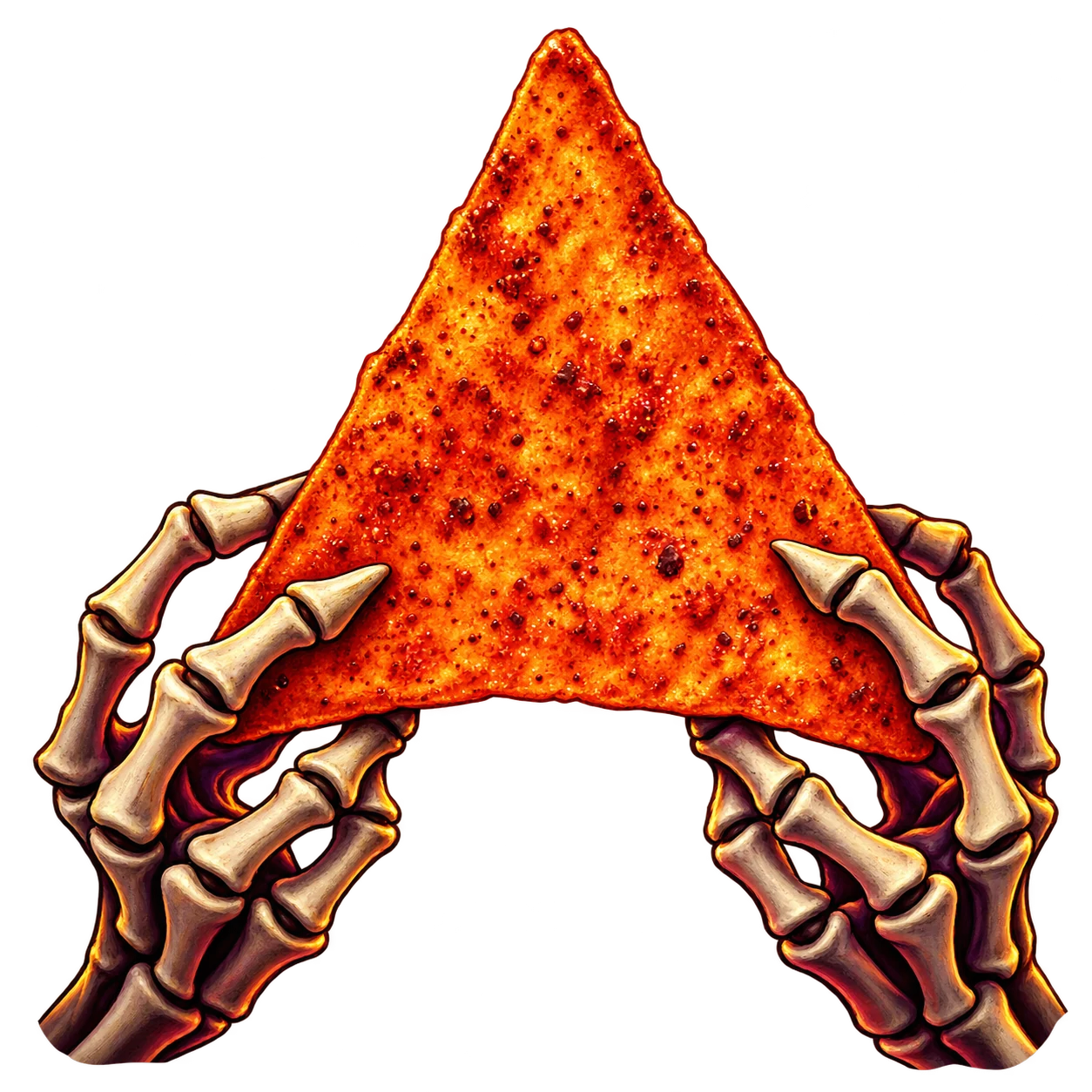 Skeletal hands holding a chilli-coated tortilla chip